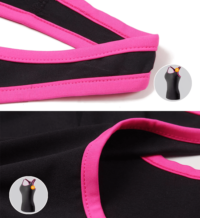 Elastic women's tank top for gym, black with pink trim, crafted from breathable polyester and spandex, offering comfort and mobility.